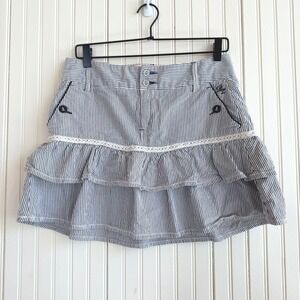Playlife Blue White Pinstripe Nautical Ruffle Mini Skirt Lace Trim Anchor Button
